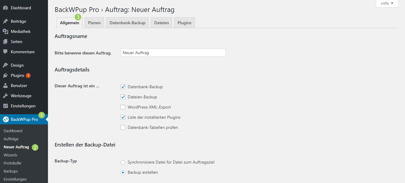 Backup-Archivformat einstellen: BackWPup → Neuer Auftrag → Tab Allgemein
