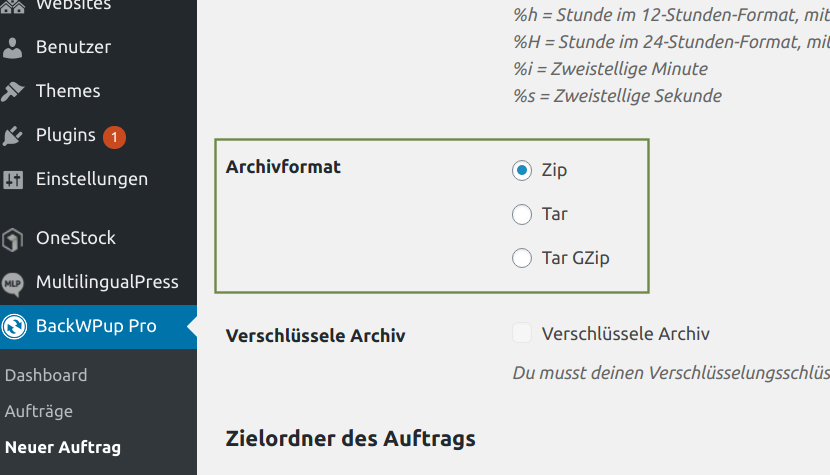 Backup-Archivformat einstellen: BackWPup → Neuer Auftrag → Archiv-Format