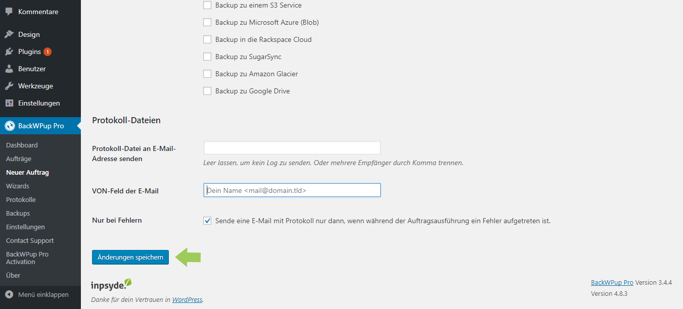 Backup-Archivformat einstellen Neuer Auftrag → Speichern