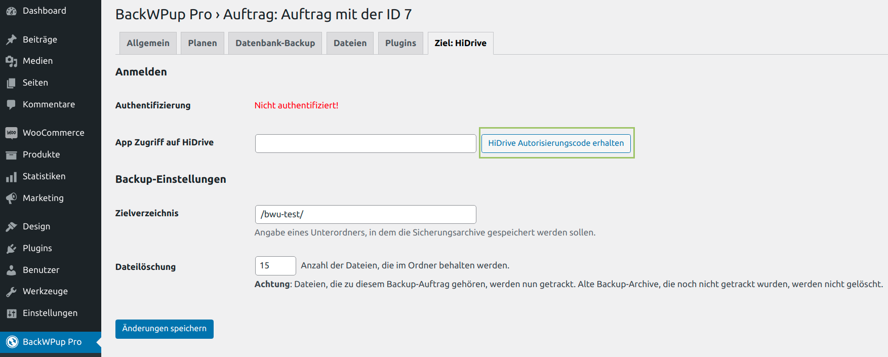 HiDrive Tab zum Anpassen von Einstellungen